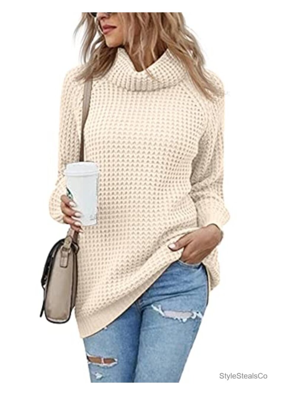 Turtleneck Sweater Oversized Lightweight Long Sleeve Chunky Knit Pullover